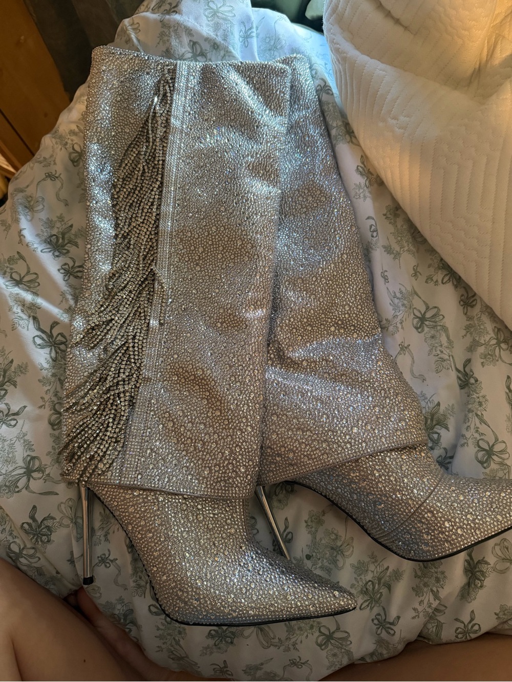 Silver Rhinestone Fringe Knee-High Stiletto Boots - Women